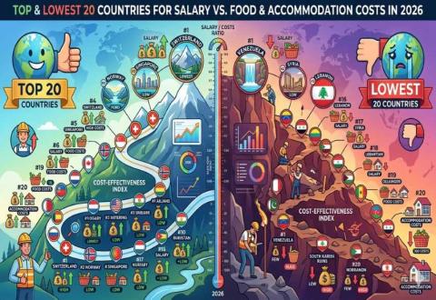 Top and Lowest 20 Countries for Salary vs. Food & Accommodation Costs in 2026
